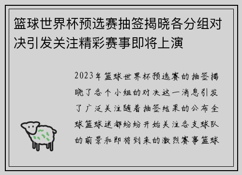 篮球世界杯预选赛抽签揭晓各分组对决引发关注精彩赛事即将上演