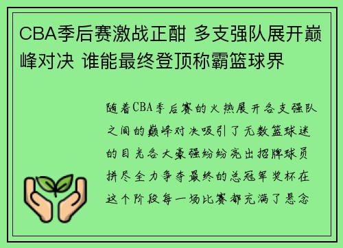 CBA季后赛激战正酣 多支强队展开巅峰对决 谁能最终登顶称霸篮球界